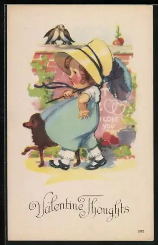Künstler-AK Mädchen und ihr Hund beim Spaziergang, Valentinstag