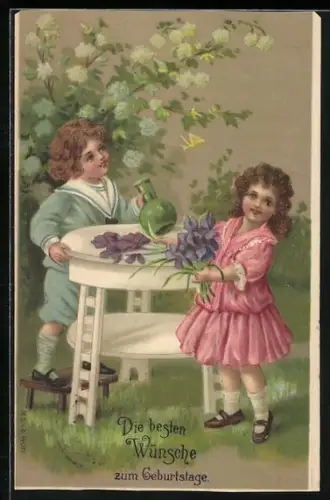 Präge-AK Kinder mit Blumen zum Geburtstag im Garten