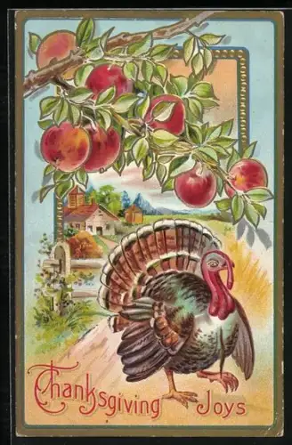 Präge-AK Thanksgiving Joys, Truthahn unter einem Apfelbaum