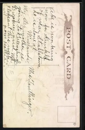 Präge-AK Thanksgiving Joys, Truthahn unter einem Apfelbaum