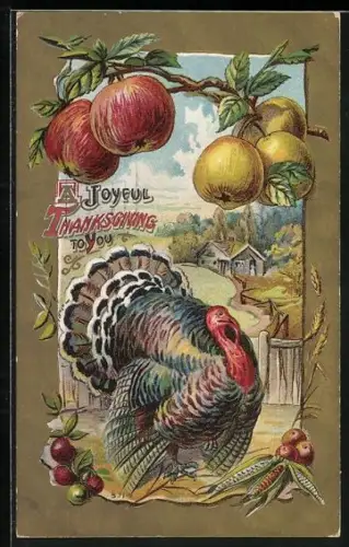 AK Thanksgiving, Truthan und Apfelbaumzweig vor herbstlicher Landschaft