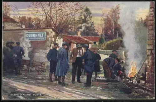 AK Soldaten der Infanterie wärmen sich am Feuer, Dubonnet-Schleichwerbung