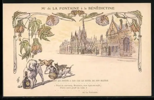 Lithographie Mr de La Fontaine à la Bénédictine - Le Chien qui porte a son Cou..., Reklame für Likör