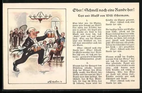 Künstler-AK Lied Ober! Schnell noch eine Runde her!, Zeichnung Ober beim Biertragen