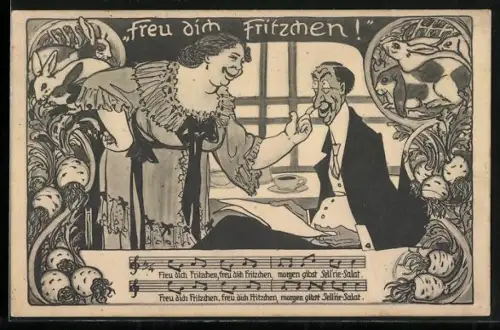 Künstler-AK Köln, Dicke Frau kitzelt dem feinen Herren an der Nase, Freu dich Fritzchen, Fasching, Stadttyp