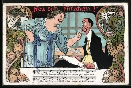 Künstler-AK Köln, Dicke Frau kitzelt dem feinen Herren an der Nase, Freu dich Fritzchen, Fasching, Stadttyp