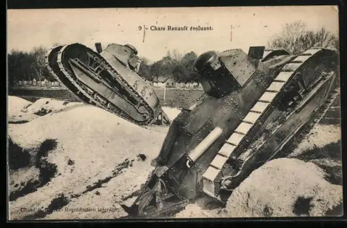 AK Chars Renault evoluant, Panzer auf Gestein