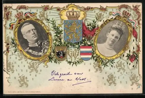 Lithographie Königin Wilhelmina von den Niederlanden und ihr Gemahl, Wappen, Krone