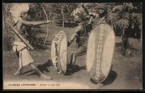 AK Joutes au pays noir, Afrikanische Jäger mit Bogen und Speer