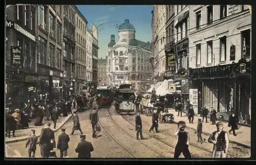 AK Hamburg, Blick in den Grossen Burstah mit Strassenbahnen