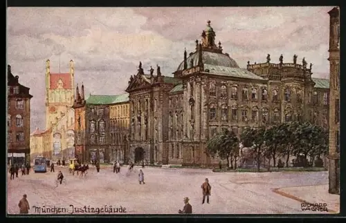 Künstler-AK Richard Wagner: München, Justizgebäude mit Strassenbahn und Postkutsche