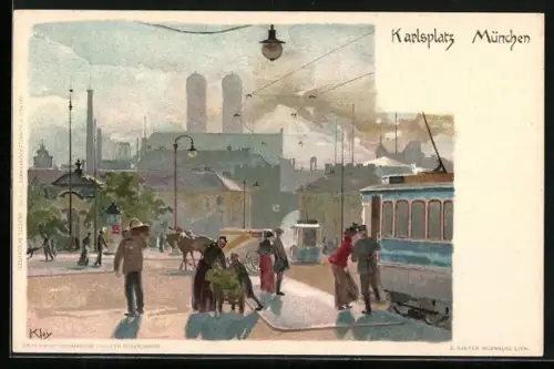 Künstler-AK Heinrich Kley: München, Karlsplatz mit Strassenbahn und Fahrgästen