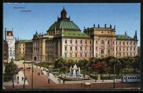 AK München, Justizpalast und Strassenbahn im Abendlicht