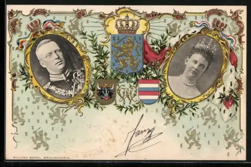 Lithographie Königin Wilhelmina von den Niederlanden und ihr Gemahl, Wappen, Krone