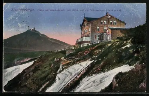 AK Prinz Heinrich-Baude im Riesengebirge, Panoramaansicht mit der Schneekoppe