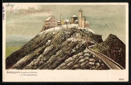 Lithographie Schneekoppenhäuser und meteorologische Station im Riesengebirge