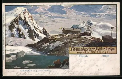 Künstler-AK Zeno Diemer: Braunschweiger Hütte gegen die Wildspitze im Pitzal, Tirol
