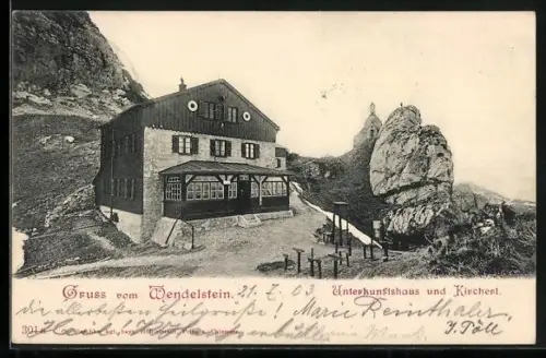 AK Wendelstein Unterkunftshaus, Partie mit Kircherl
