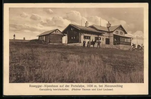 AK Rosegger-Alpenhaus, Frauen mit Körben auf dem Rücken und einem Pferd