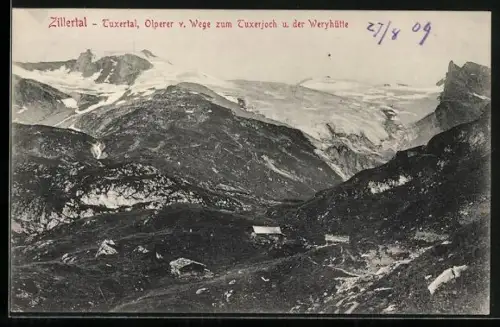 AK Weryhütte, Berghütte mit Olperer u. Tuxerjoch im Zillertal