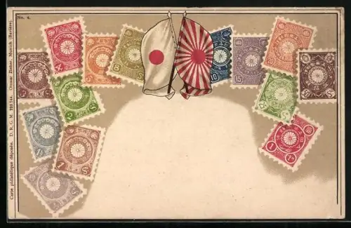 AK Japan, Briefmarken, Fahnen