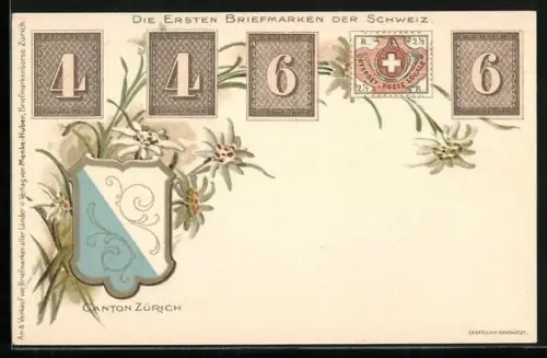 Künstler-AK Bern, Briefmakenhandel Max Lauber, Spitalgasse 16, Die ersten Briefmarken der Schweiz, Kantonswappen Zürich