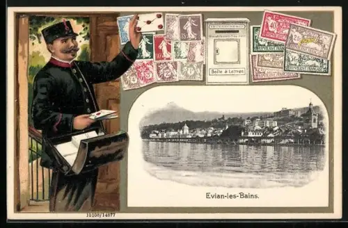 AK Evian-les-Bains, Panorama und Postbote, Briefträger
