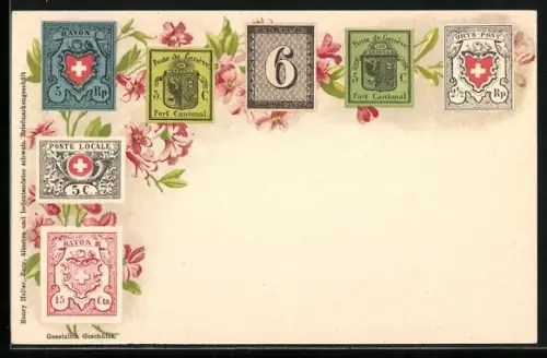 AK Briefmarken aus der Schweiz mit Blumen