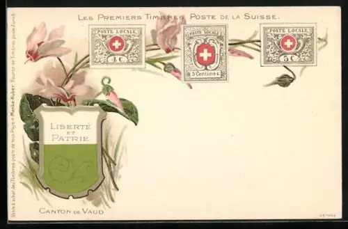 AK Schweiz, Les Premiers Timbres Poste de la Suisse, erste Briefmarken der Schweiz, mit Wappen