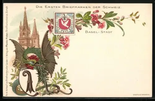 Lithographie Basel, die ersten Briefmarken der Schweiz, Wappen mit Fabeltier und Kirche