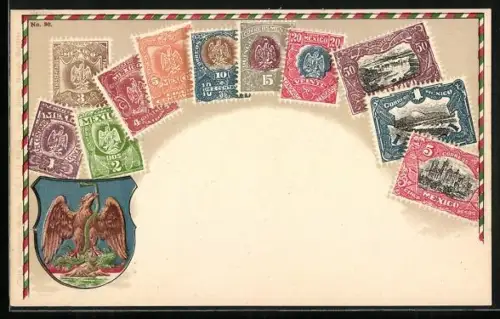 Lithographie Mexiko, Briefmarken und Wappen