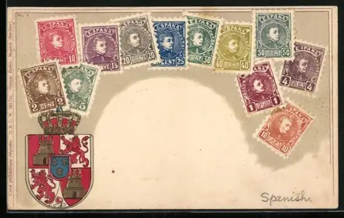 AK Briefmarken und Wappen von Spanien