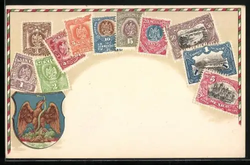 Lithographie Mexiko, Briefmarken und Wappen