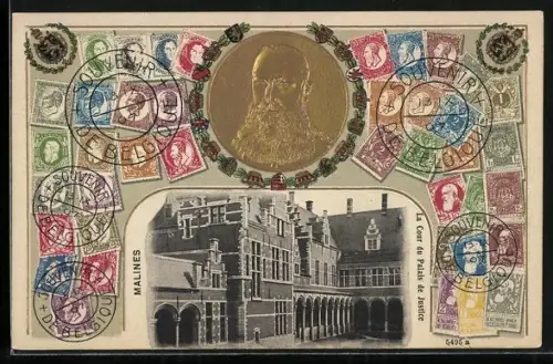 AK Malines, La Cour du Palais de Justice, versch. Briefmarken