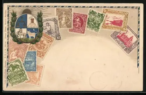AK Uruguay, Wappen & versch. Briefmarken