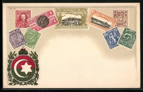AK Kreta, Briefmarken mit darauf abgebildeten Persönlichkeiten, Fabelwesen und Landschaften, Wappen