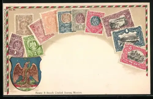 Lithographie Mexiko, Briefmarken und Wappen
