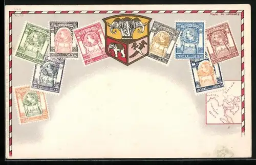 AK Siam, Briefmarken verschiedener Werte, Wappentier Elefant, Landkarte der Region