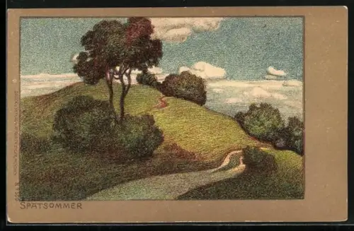 Steindruck-AK Hügellandschaft im Spätsommer