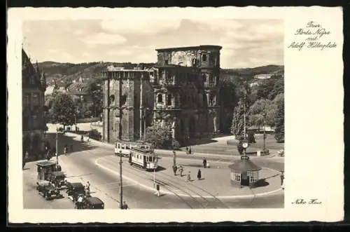 AK Trier, Strassenbahn vor der Porta Nigra am platz