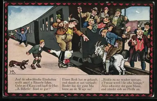 Künstler-AK Hans Boettcher: Auf de schwäbische Eisebahne wollt amol a Bäuerle fahre..., Scherz, Tracht