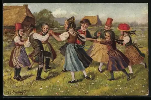 Künstler-AK Georg Mühlberg: Ringelreihen im Schwarzwald, Kinder in Tracht auf der Wiese nahe den Gebäuden