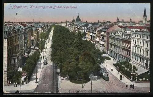 AK Mannheim, Kaiserring vom Bahnhof aus gesehen, Strassenbahn