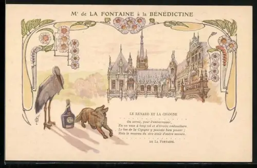 Lithographie Mr de La Fontaine à la Bénédictine - Le Renard et la Cigogne, Reklame für Likör