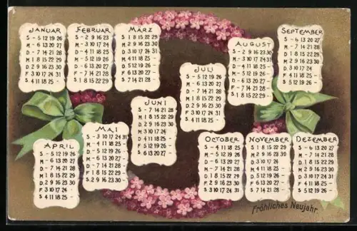 AK Neujahrsgruss mit Kalender und Blumenkranz