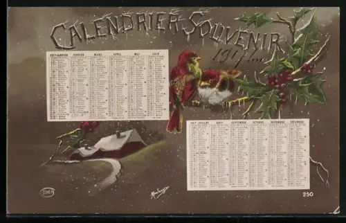 AK Zwei Vögel auf Zweig in winterlicher Landschaft, Kalender 1917