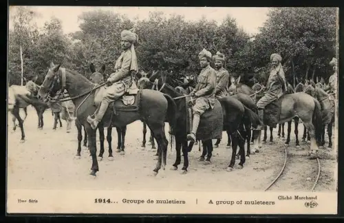 AK Groupe de muletiers, Indische Soldaten zu Pferde 1914