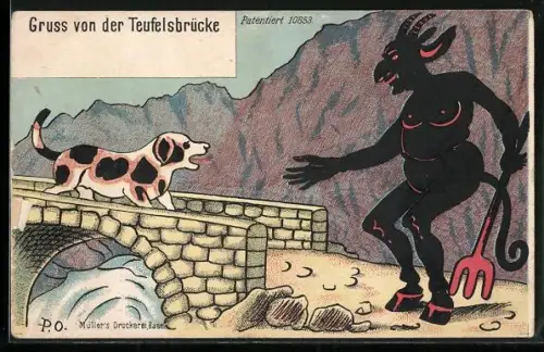 AK Schöllenen, Gruss von der Teufelsbrücke, Hund verwehrt Teufel die Überquerung der Brücke