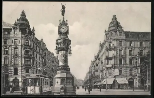 AK Leipzig, Strassenpartie mit Uhrturm und Strassenbahn