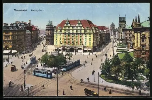 AK München, Strassenbahn auf dem Karlsplatz